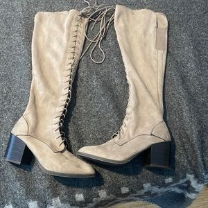 Qupid over-the-knee lace up boot. Suede like material. Gray